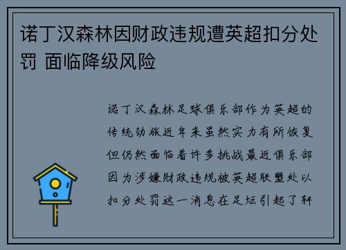 诺丁汉森林因财政违规遭英超扣分处罚 面临降级风险